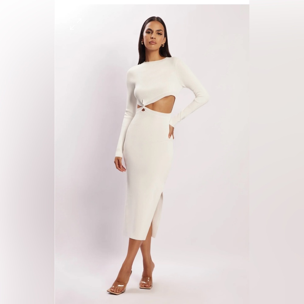 Twist Front Knit Midi Dress - White
